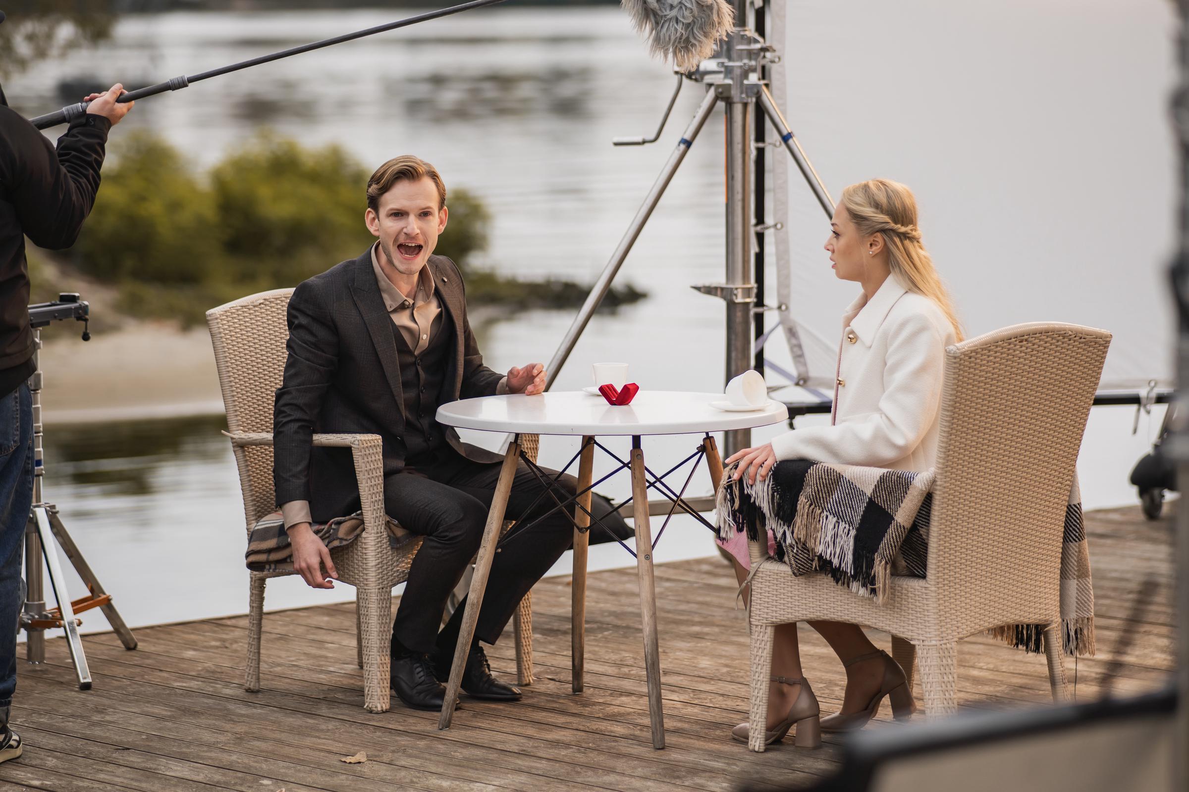 Volodymyr Antonov as Sophie's abusive boyfriend Carl and Teitana Baytalenko as Sophie, filming the proposal that doesn’t go as planned, which sets the tone for everything that follows. | Source: AMO Pictures