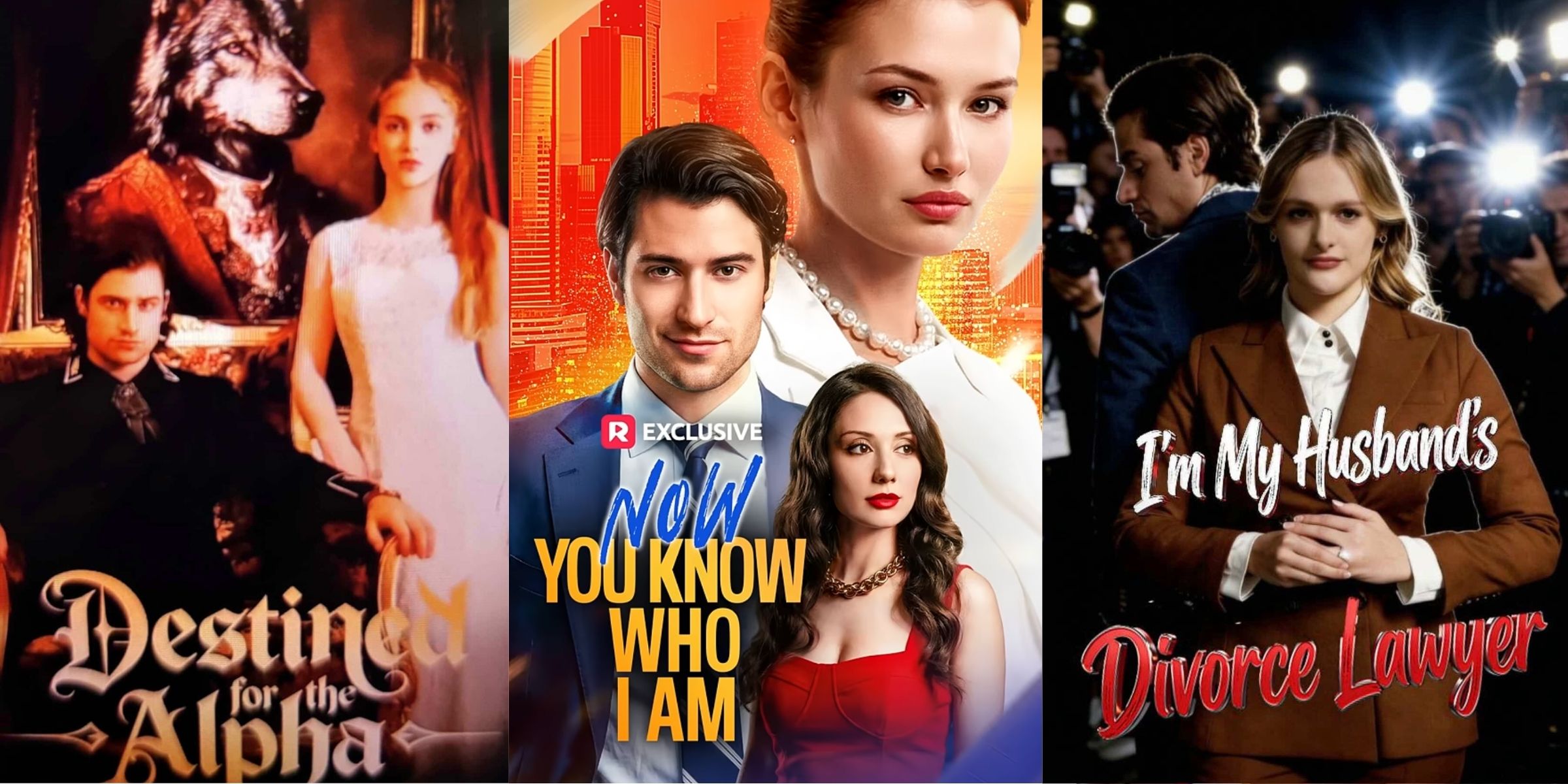 The posters for "Destined for the Alpha," "Now You Know Who I Am," and "I'm My Husband's Divorce Lawyer" | Sources: IMDB | youtube/reelshortapp