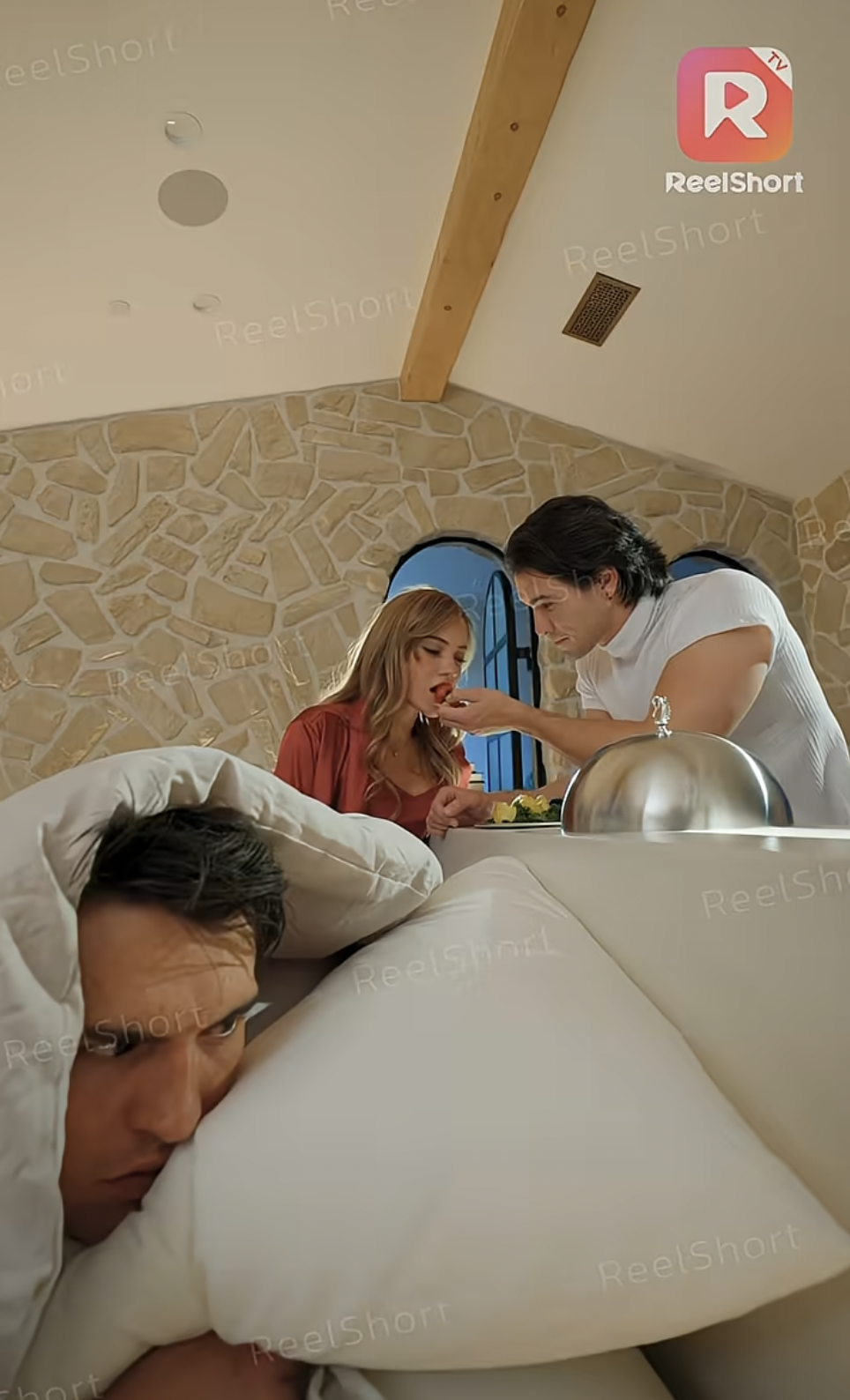 Gabriel Jayne as Noah Bellfort, Katherine Gibson as Piper Phillips, and Ben Swayze as Drew Bellfort in "My Secret Lover is His Brother" | Source: youtube/reelshortapp