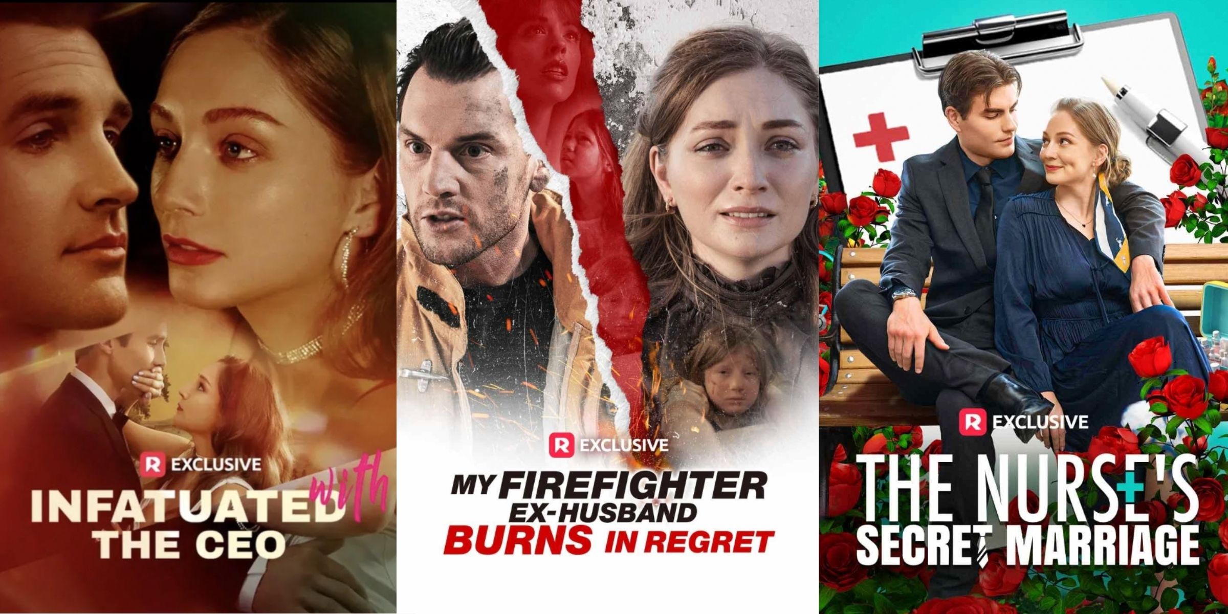 The posters for "Infatuated with the CEO," "My Firefighter's Ex-Husband Burns in Regret," and "The Nurse's Secret Marriage" | Source: ReelShort