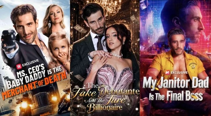 The posters for "Ms. CEO's Baby Daddy is the Merchant of Death", "The Fake Debutante and the True Billionaire," and "My Janitor Dad is the Final Boss" | Sources: IMDb | reelshort.com | IMDb