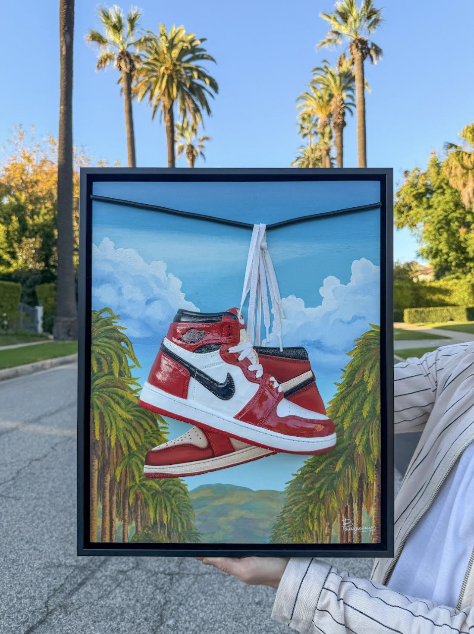 An Air Jordan 1 sculpture is integrated into a painted landscape in one of Pielikh's favorite mixed-media works he named "Illusion" | Source: Volodymyr Pielikh